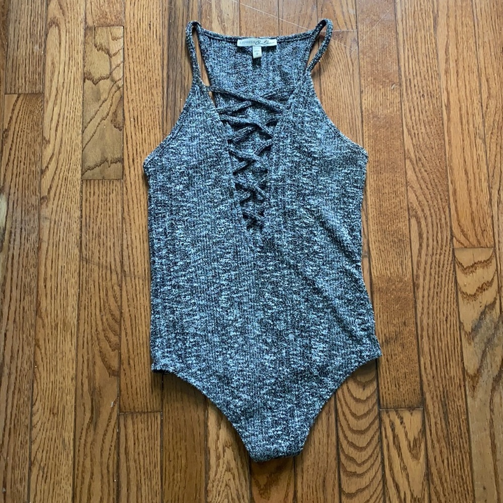 EXPRESS Grey Knitted Criss-Cross Bodysuit